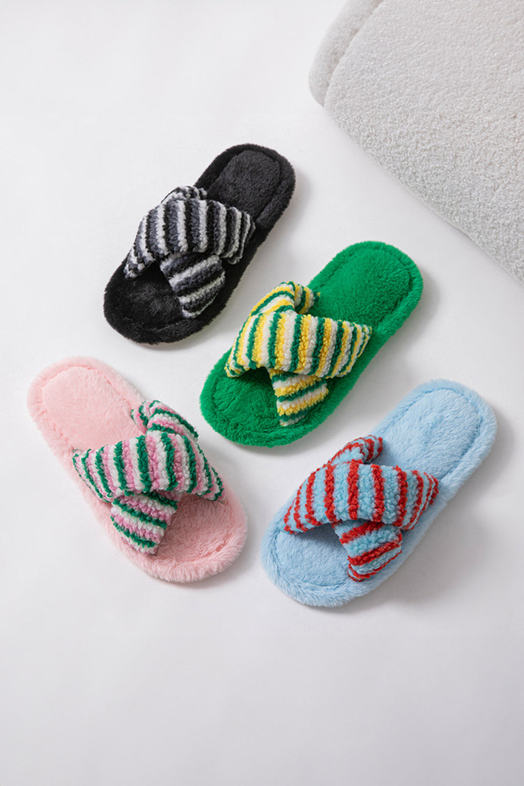 Pink Striped Cross Band Soft Plush Open Toe Slippers
