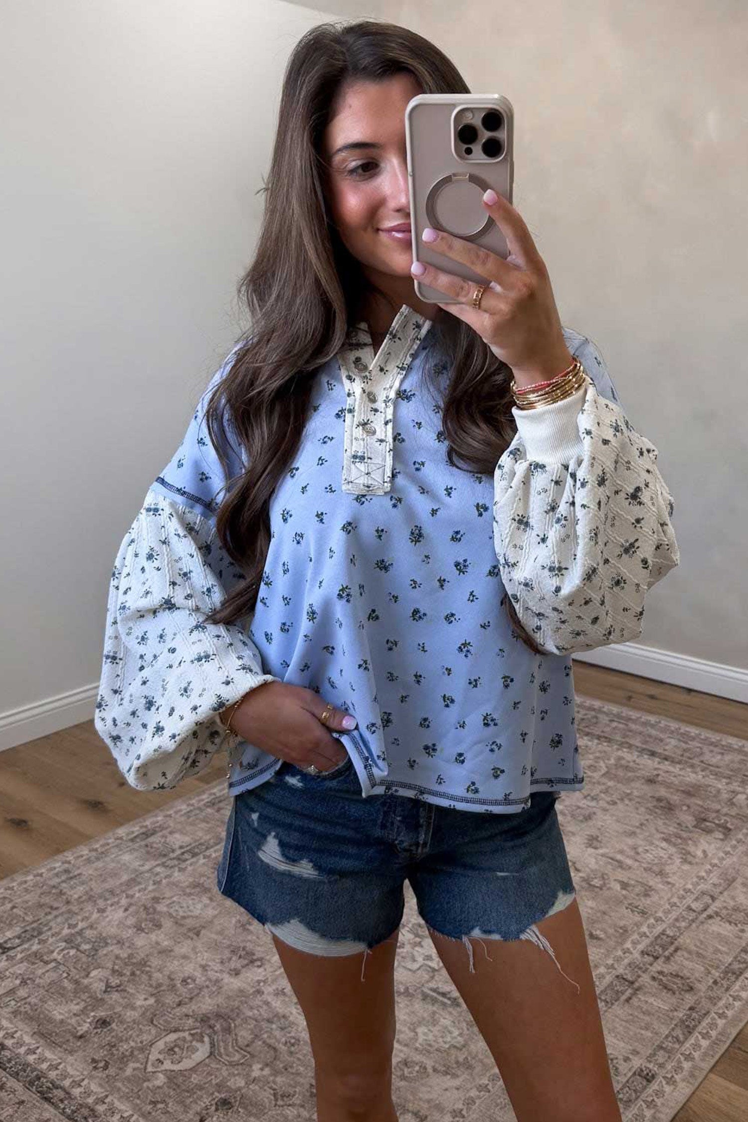 Sky Blue Floral Print Contrast Long Sleeve Tops