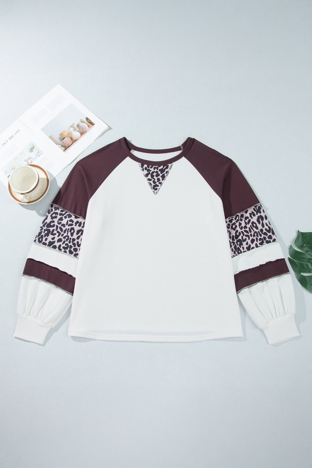 Beige Leopard Print Colorblock Round Neck Long Sleeve Plus Size Blouse