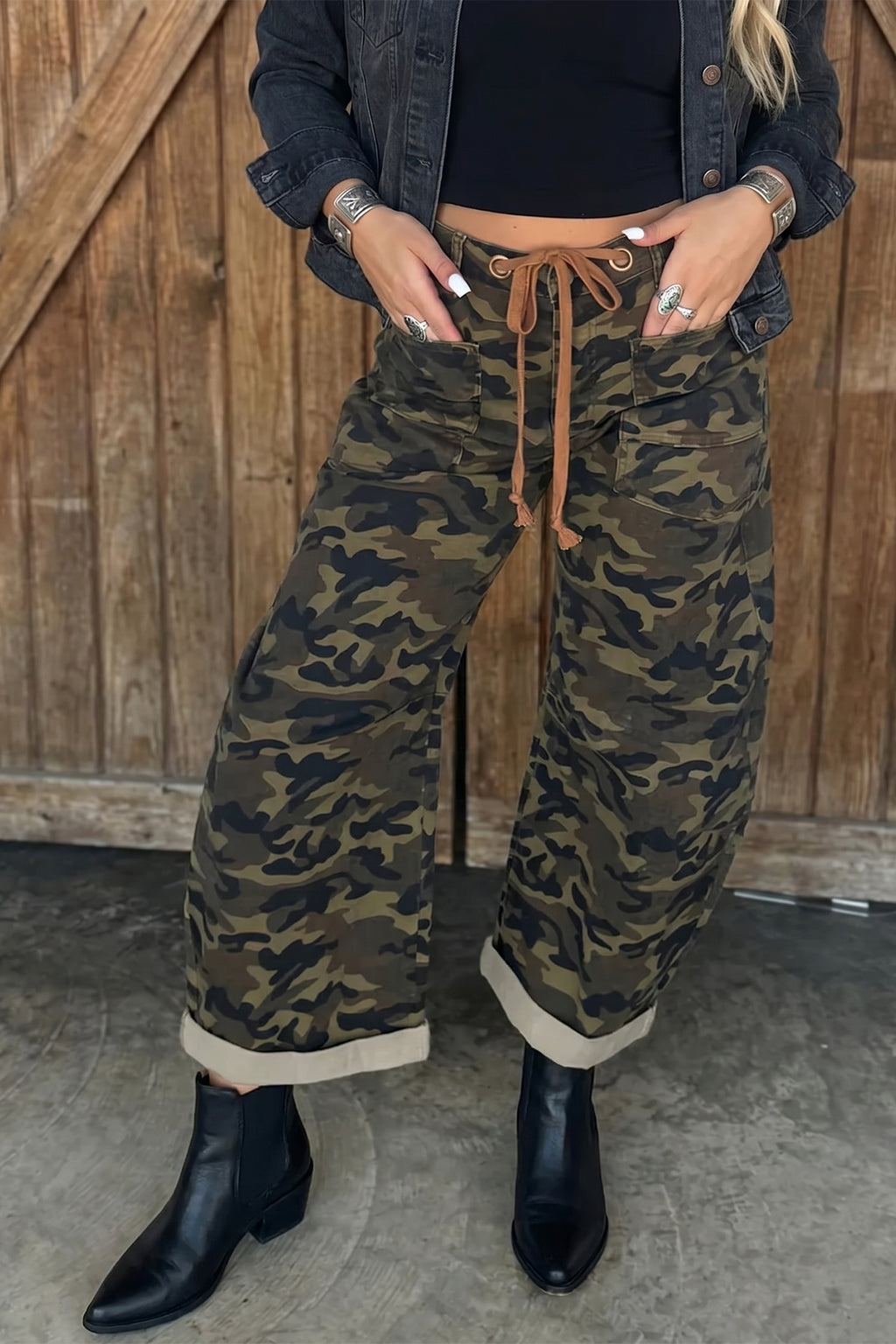 Multicolour Camouflage Print Retro Grommet Tie Waist Loose Jeans