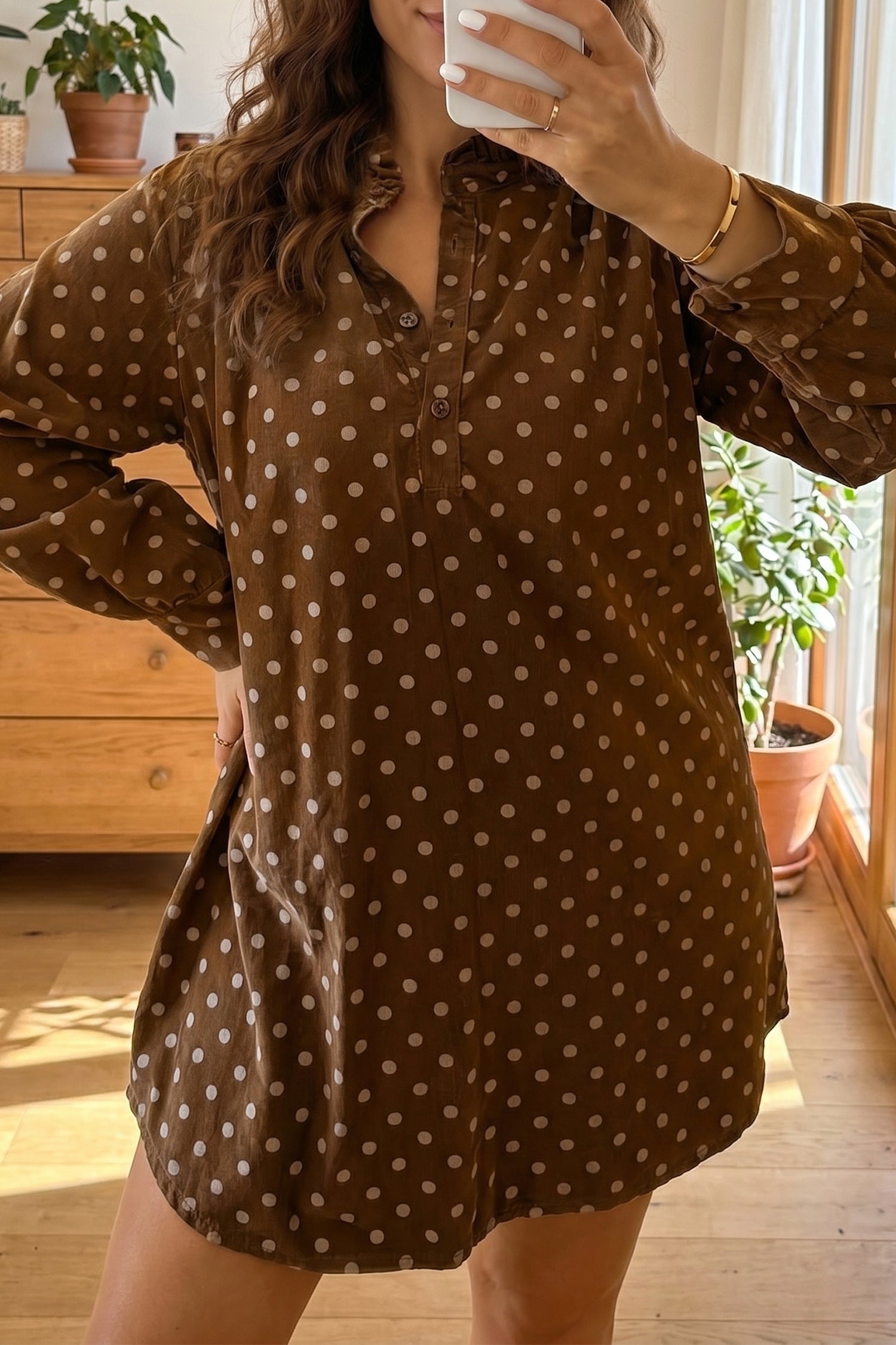 Brown Polka Dot V Neck Long Sleeve Button Shift Dress