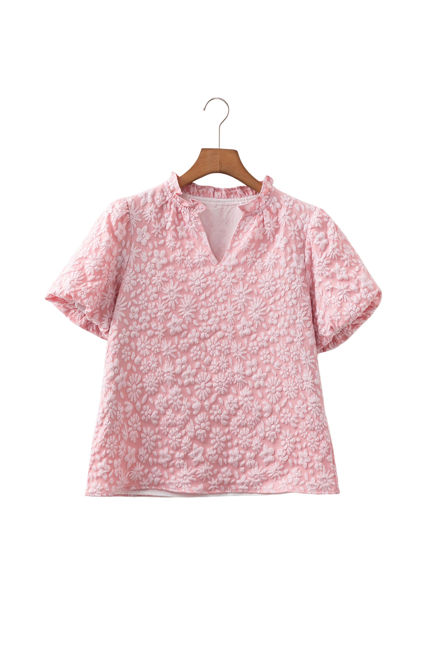 Apricot Pink Floral Textured Jacquard Puff Sleeve Blouse