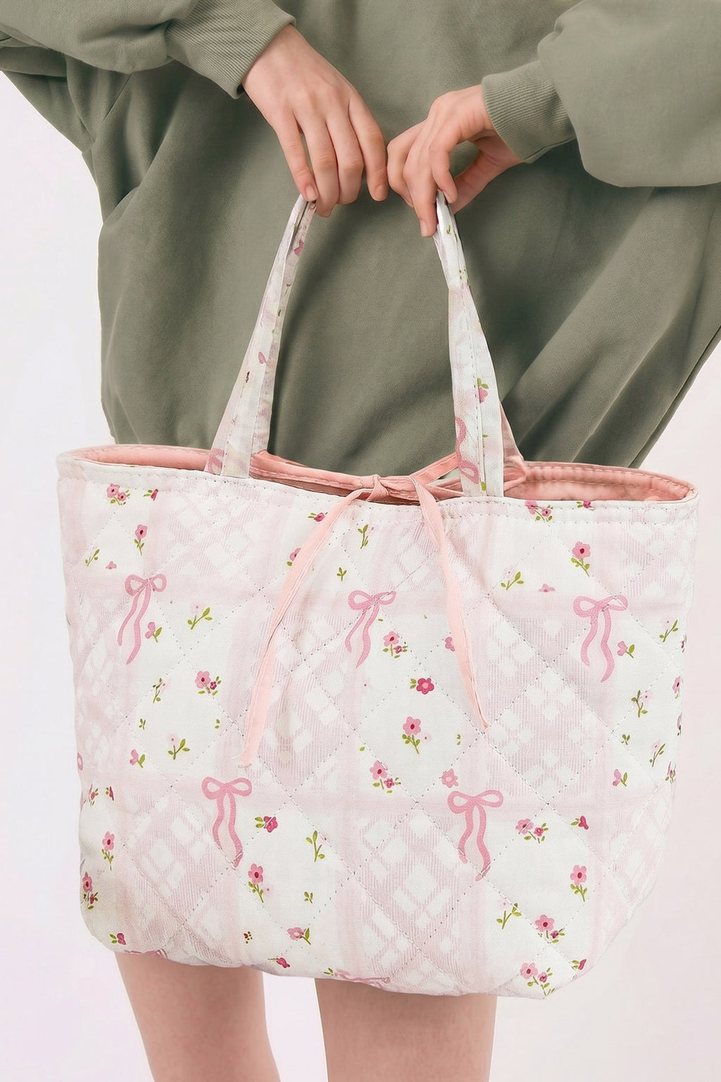 Pink Floral Bow Pattern Quilted Cotton Tote Bag