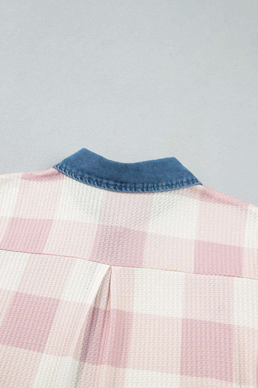Pink Waffle Plaid Print Contrast Denim Shirt Collar Buttoned T Shirt Mini Dress