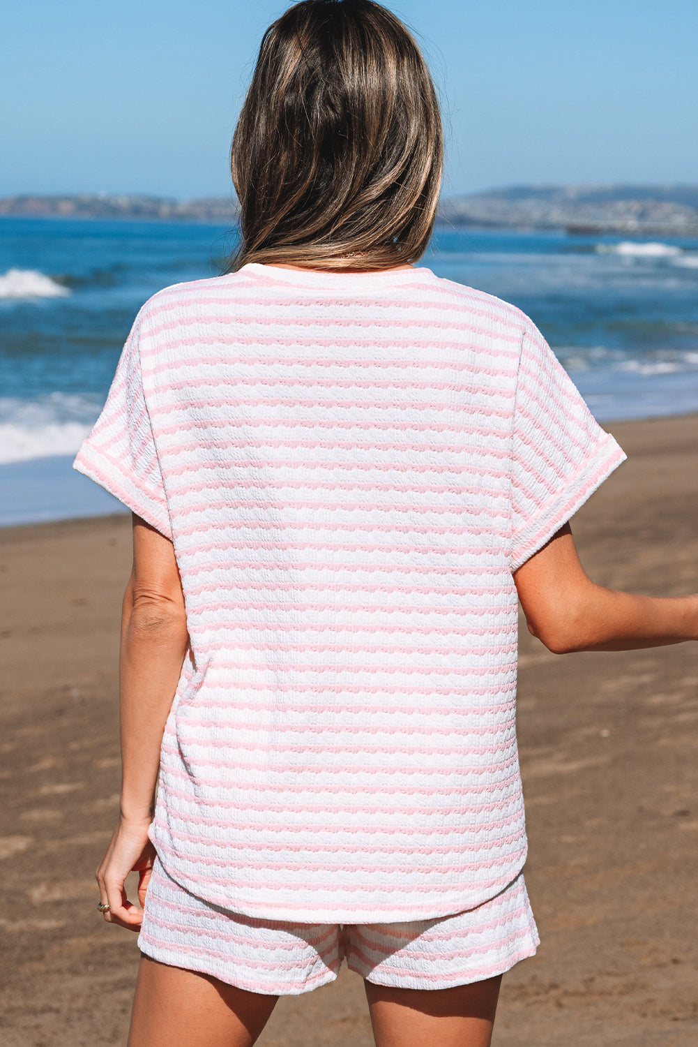 Pink Stripe Knitted Short Sleeve Top and Drawstring Shorts Set