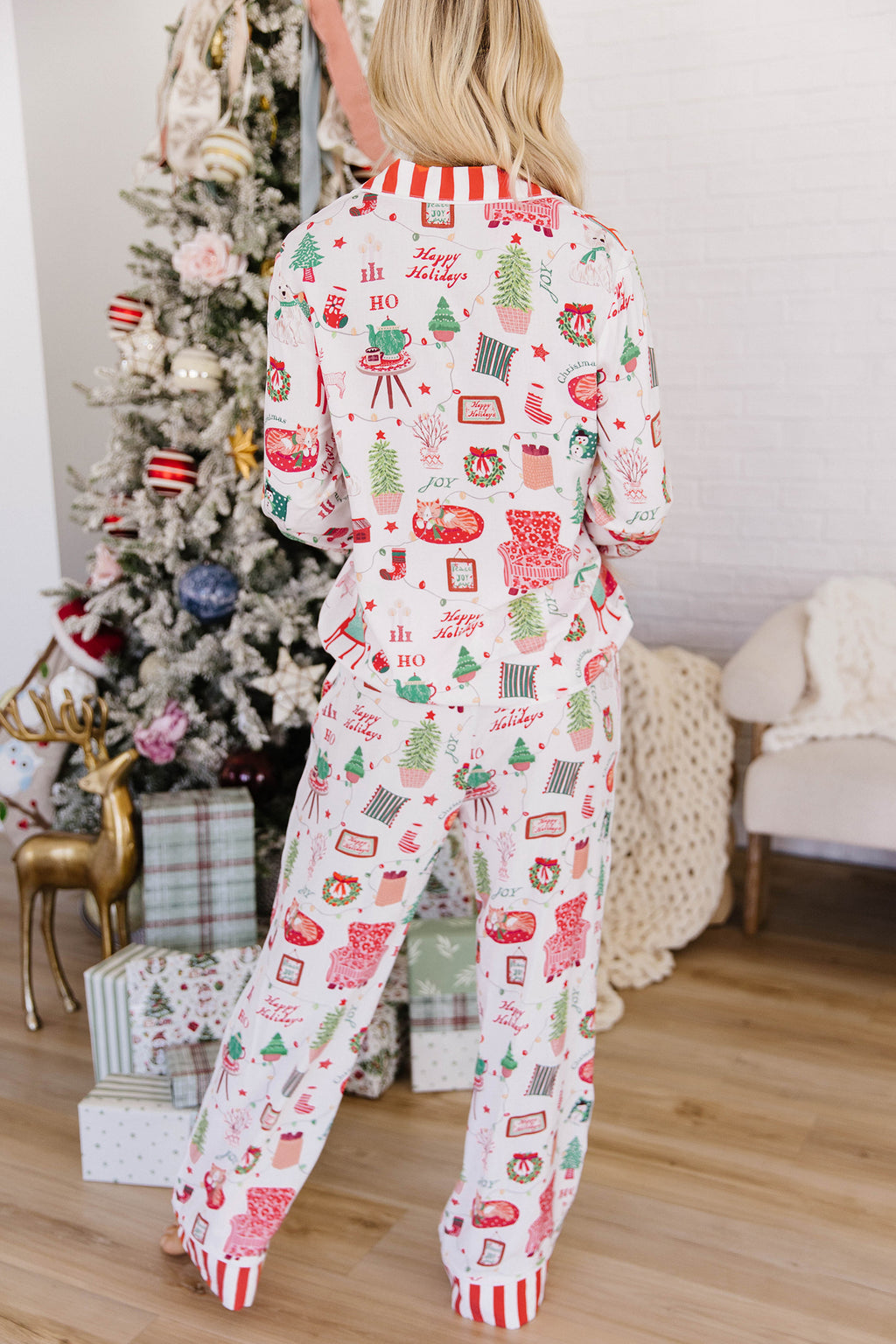 White Striped Holiday Long Sleeve Two Piece Shift Home Wear Lounge Set