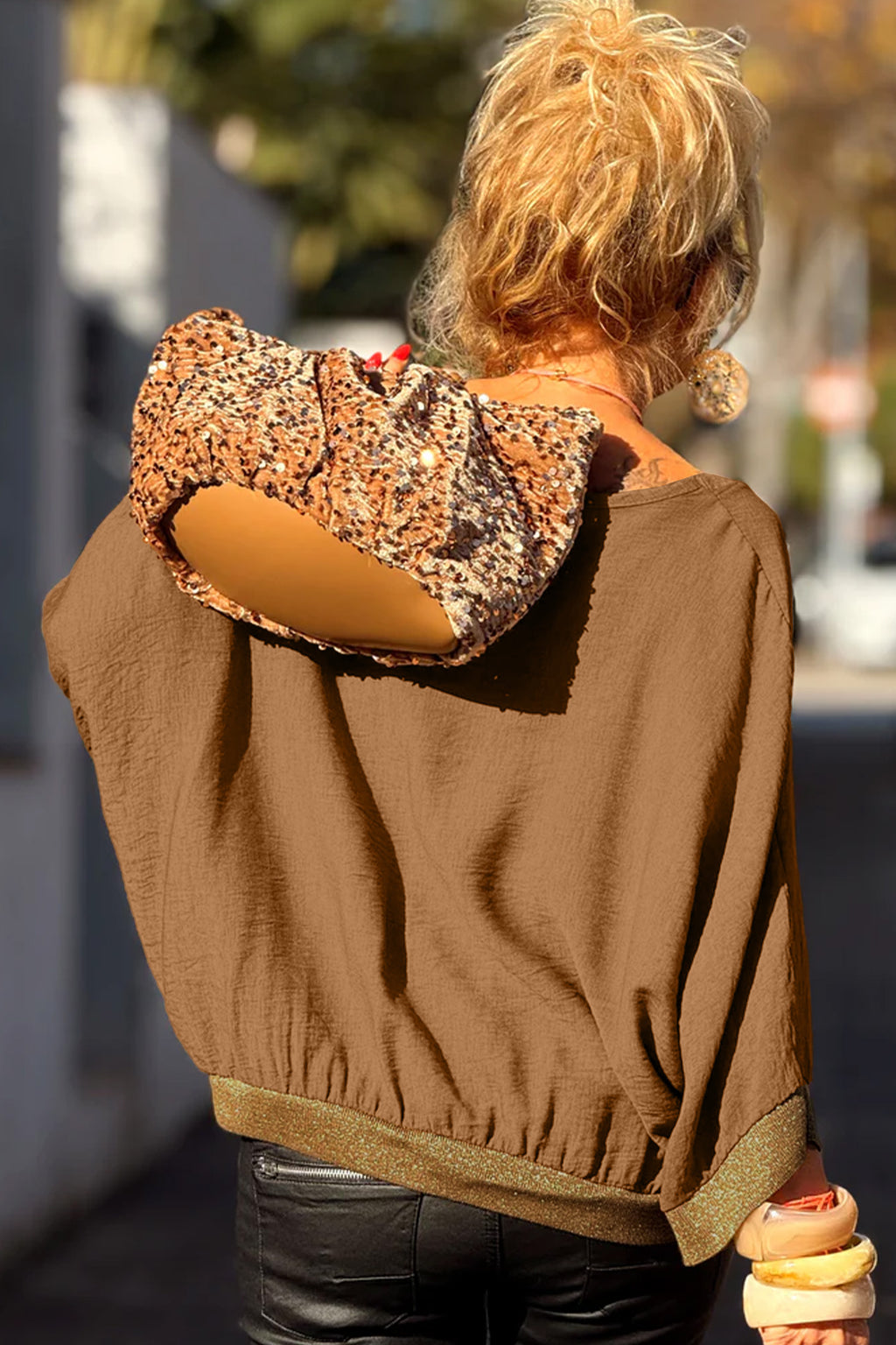 Brown V Neck Glitter Trim Patchwork Button-Front Blouse