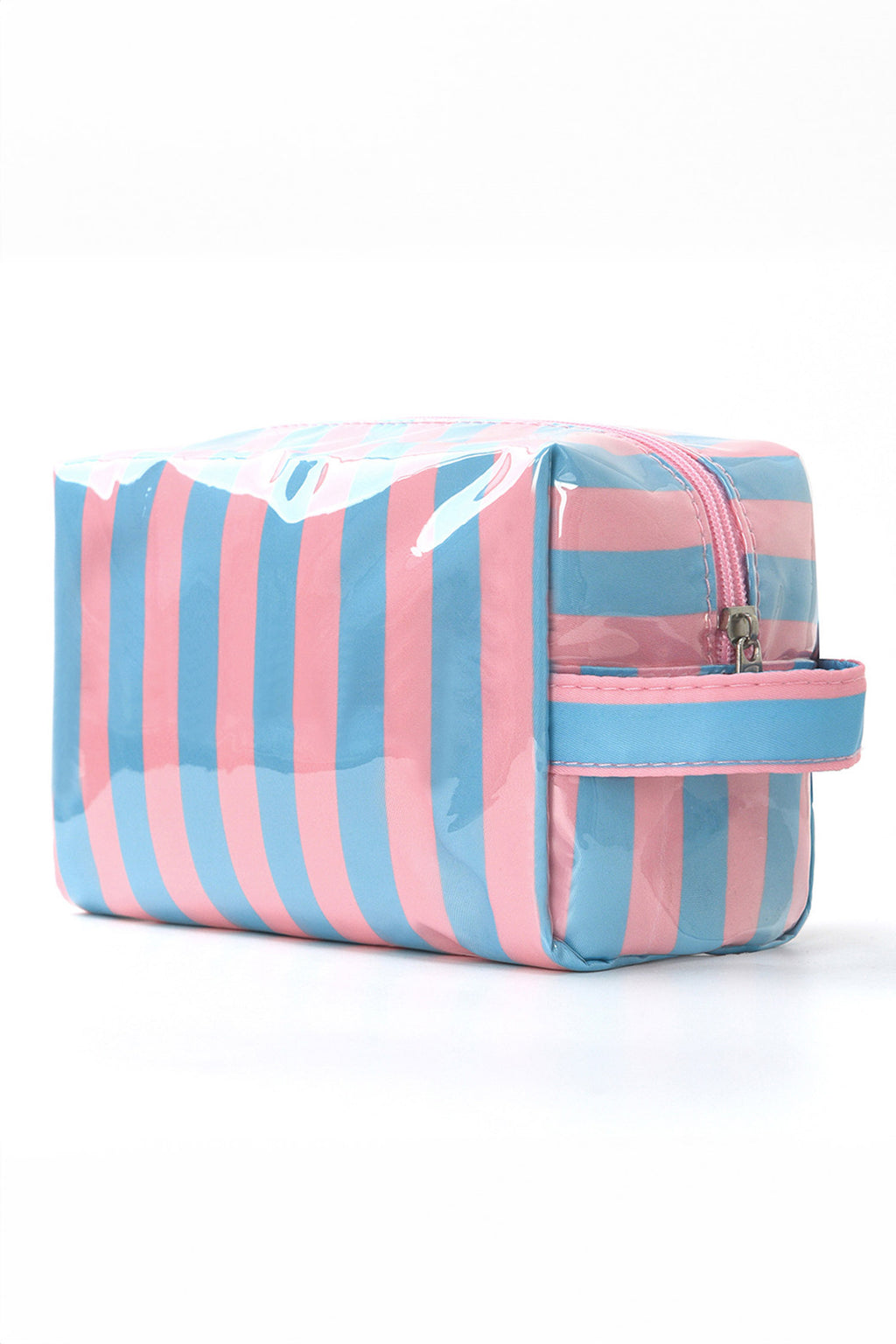Fiery Red PVC Striped Cosmetic Bag Durable Zipper Handle Travel Organizer