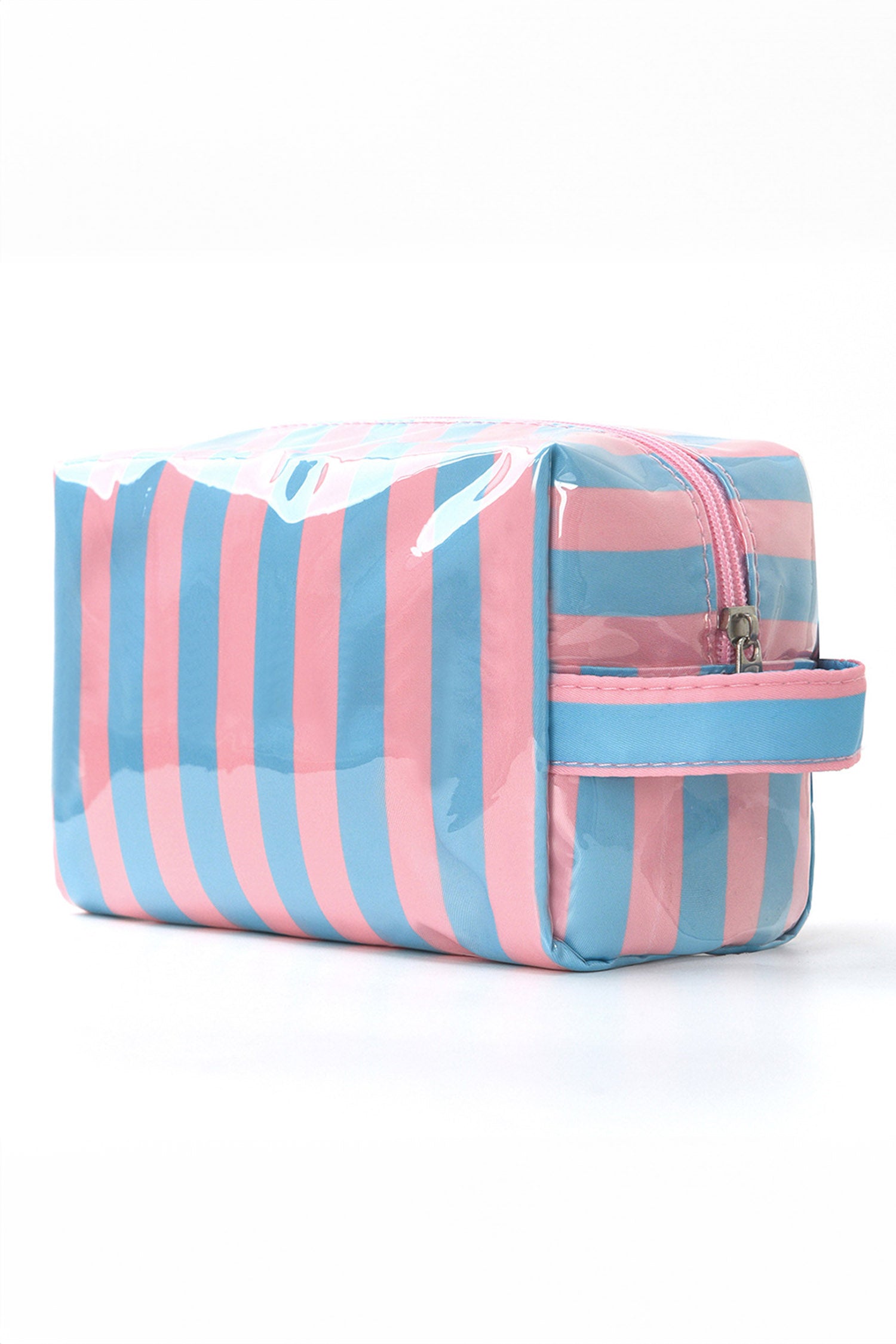 Fiery Red PVC Striped Cosmetic Bag Durable Zipper Handle Travel Organizer