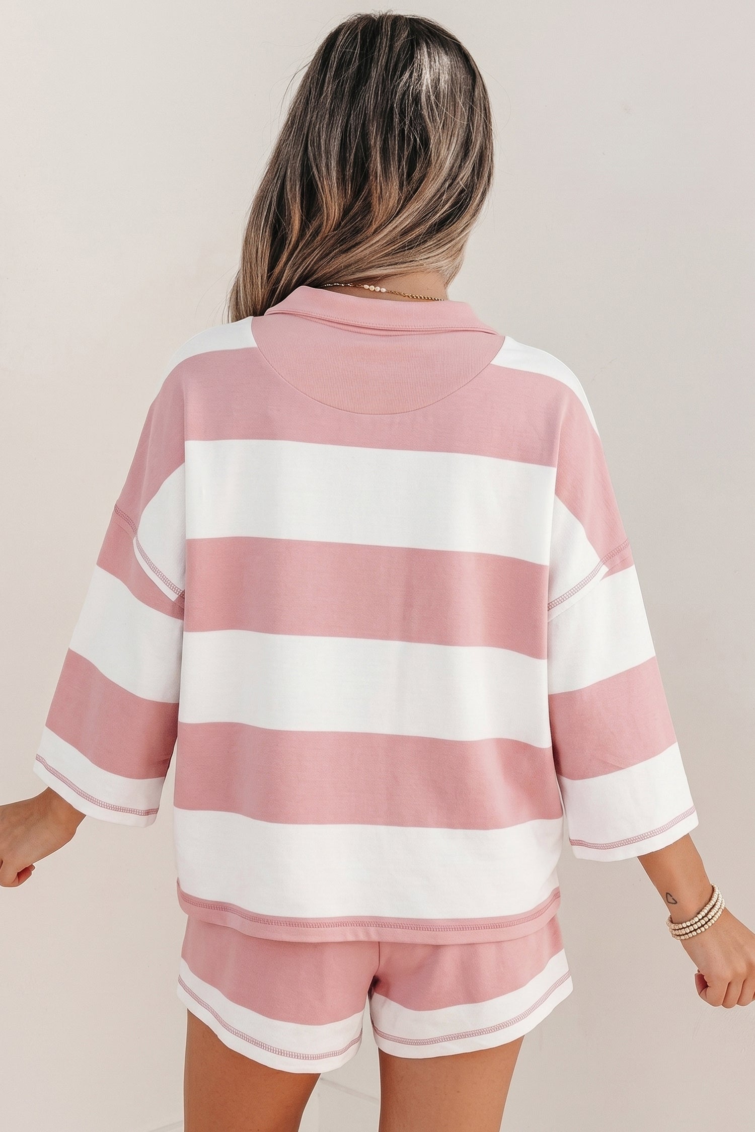 Pink Stripe Half Zip Bracelet Sleeve Top Casual Short Set