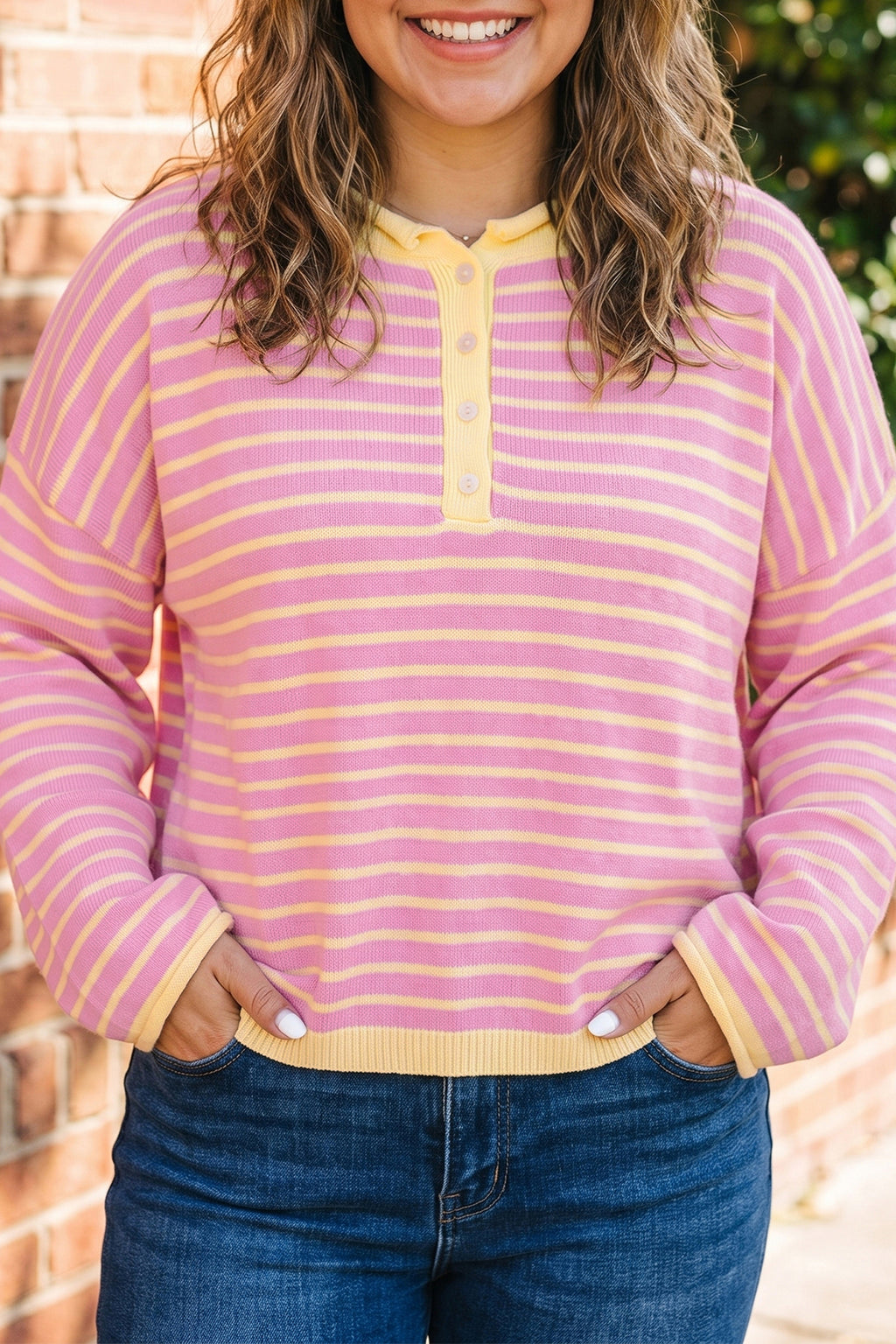 Pink Stripe Striped Colorblock Long Sleeve V Neck Shift Plus Size Sweater