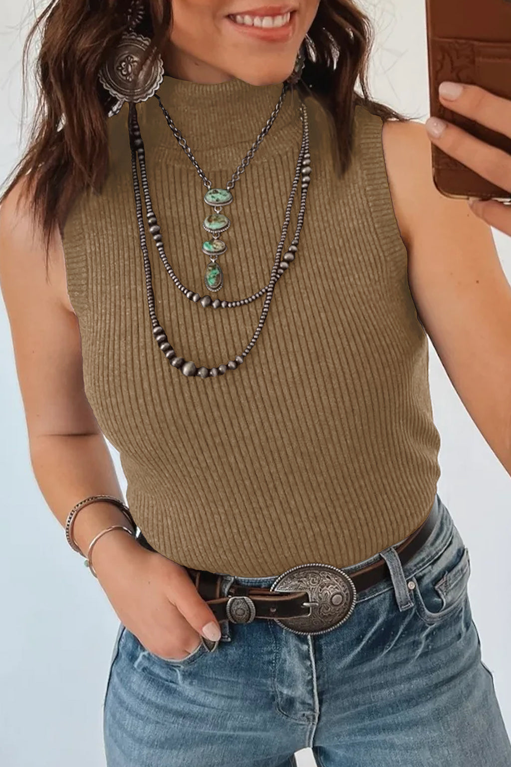 Light French Beige Western Ribbed Knit High Neck Sleeveless Waist Slim Fit Sweater Vest