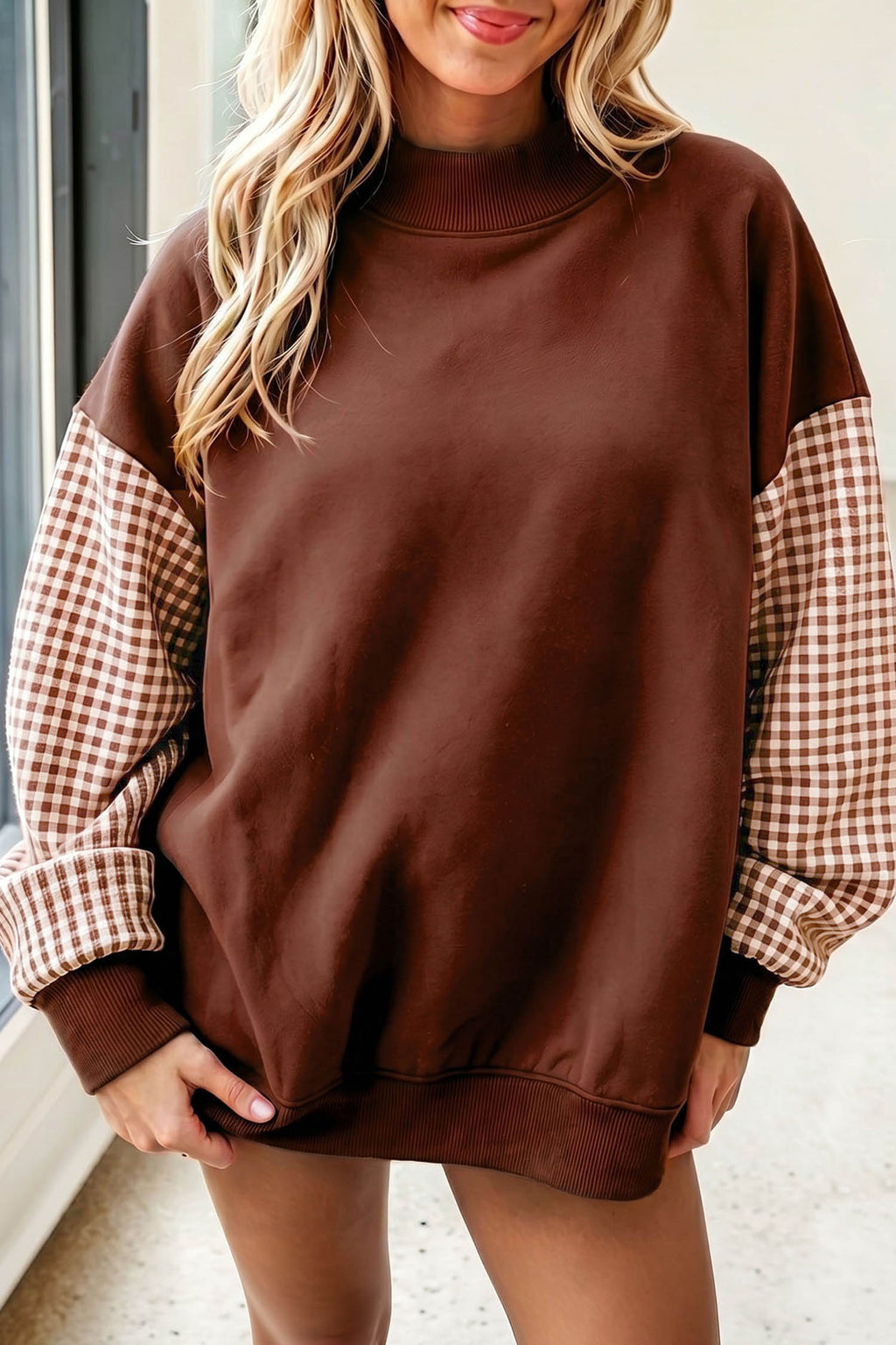 Russet Orange Plaid Sleeve Colorblock Loose Tunic Sweatshirt