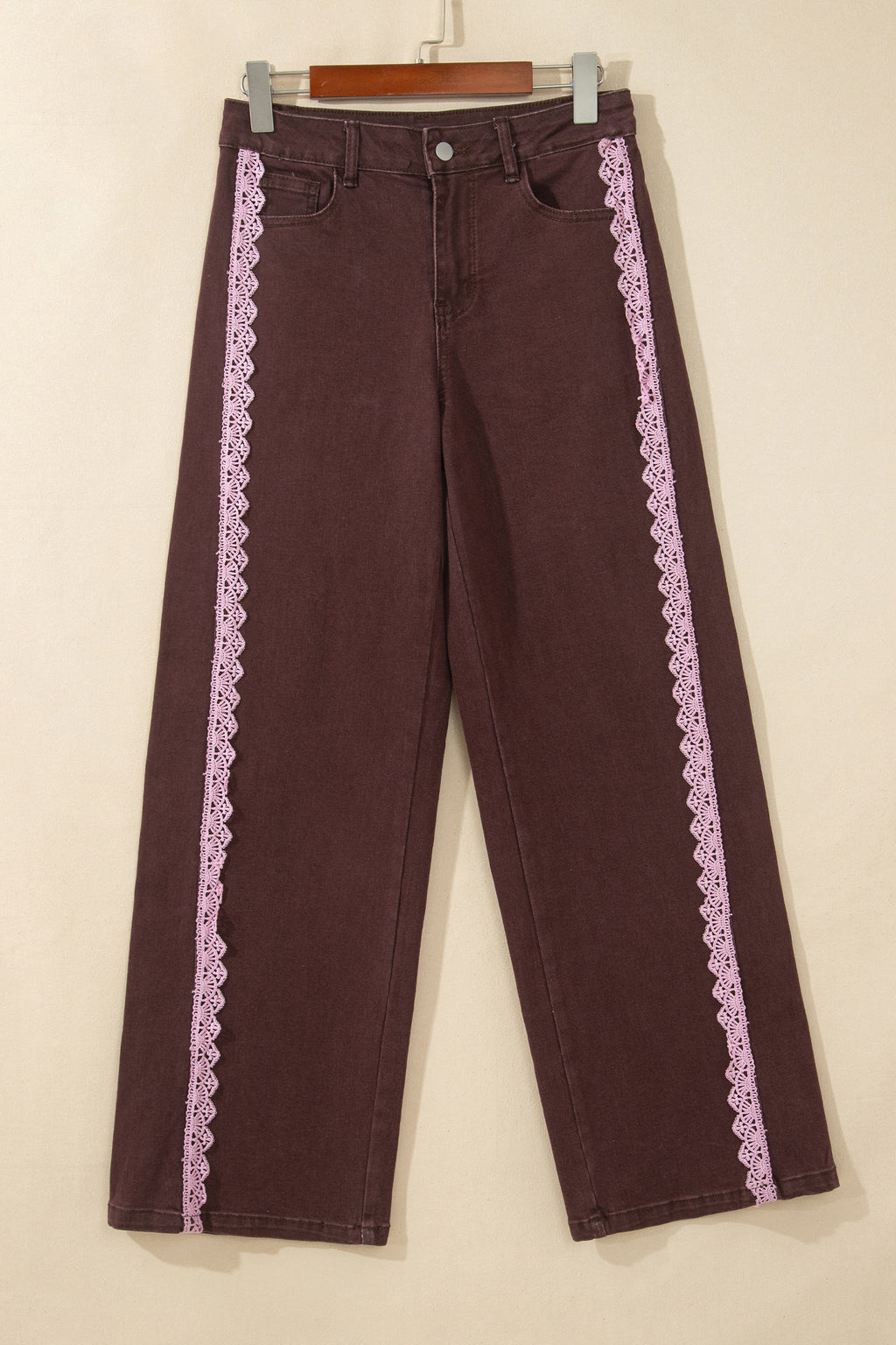 Coffee Lace Trim Casual Full-Length Regular Fit Jeans