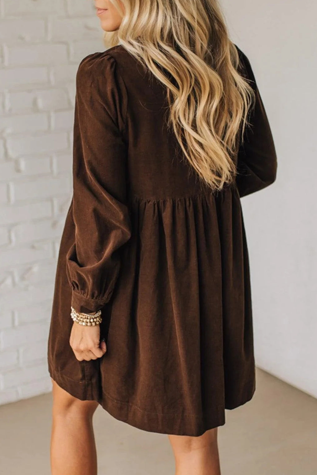 Coffee Bow Knot Front Long Sleeve Corduroy Mini Dress