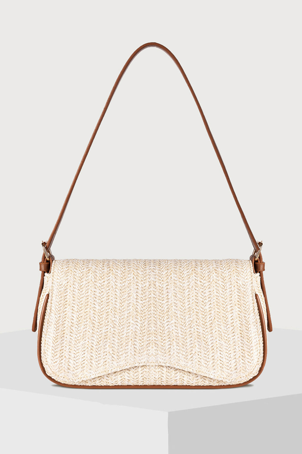 White Raffia Woven PU Leather Trim Shoulder Bag