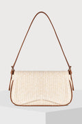 White Raffia Woven PU Leather Trim Shoulder Bag