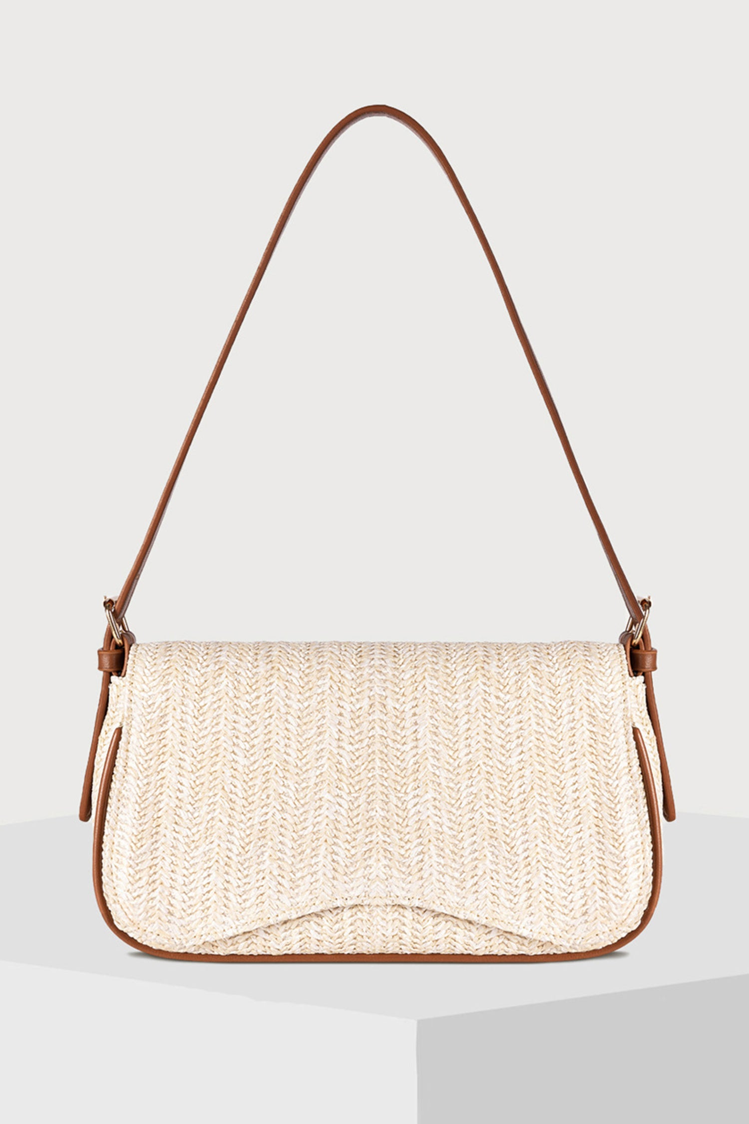 White Raffia Woven PU Leather Trim Shoulder Bag