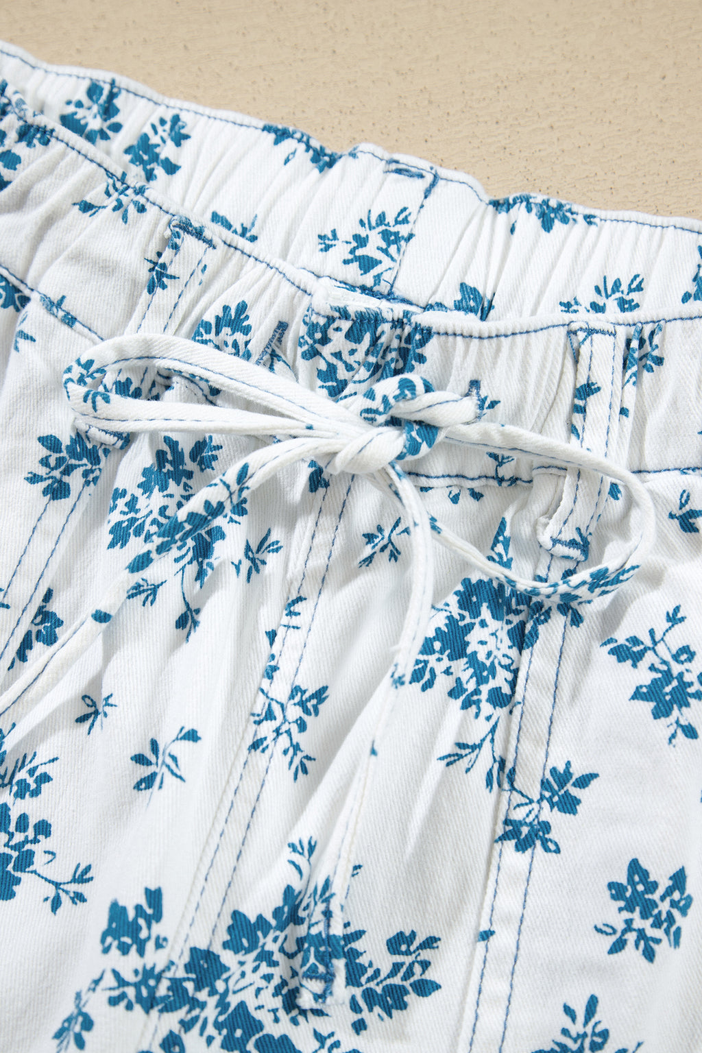 Sky Blue Floral Print Tie Waist Straight Leg Jeans