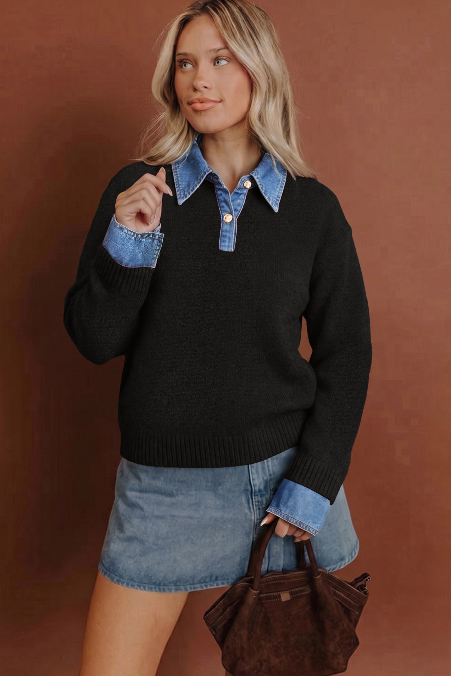 Black Denim Patchwork Collar Cuffed Casual Sweater