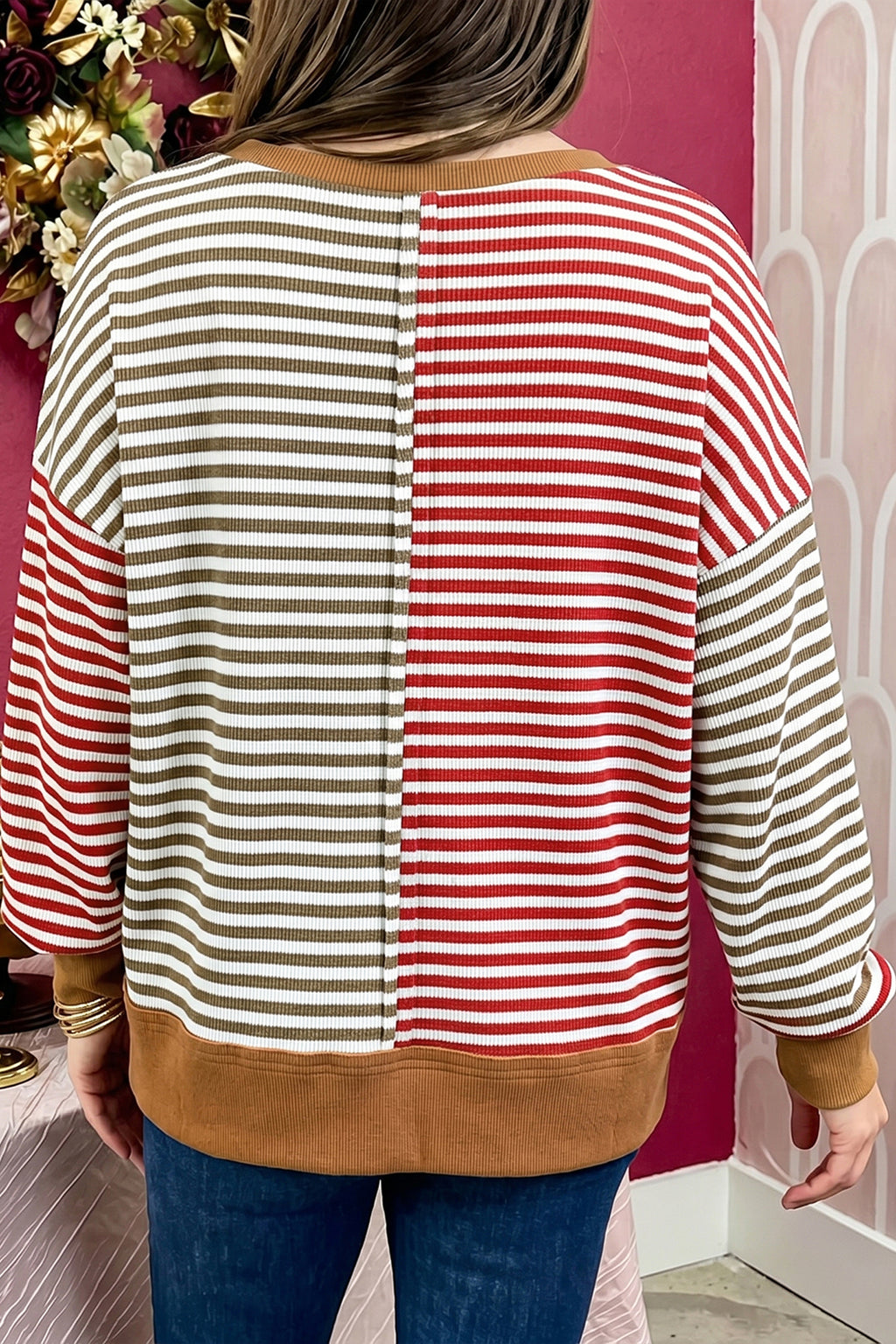Red Striped Colorblock V Neck Long Sleeve Top