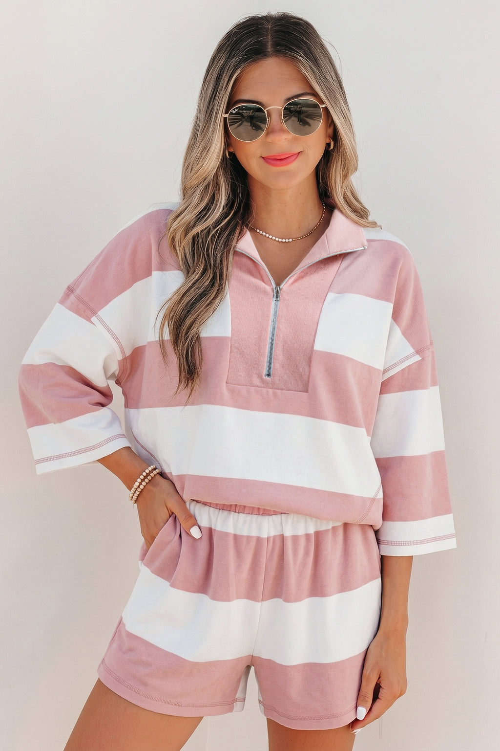 Pink Stripe Half Zip Bracelet Sleeve Top Casual Short Set