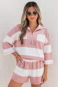Pink Stripe Half Zip Bracelet Sleeve Top Casual Short Set