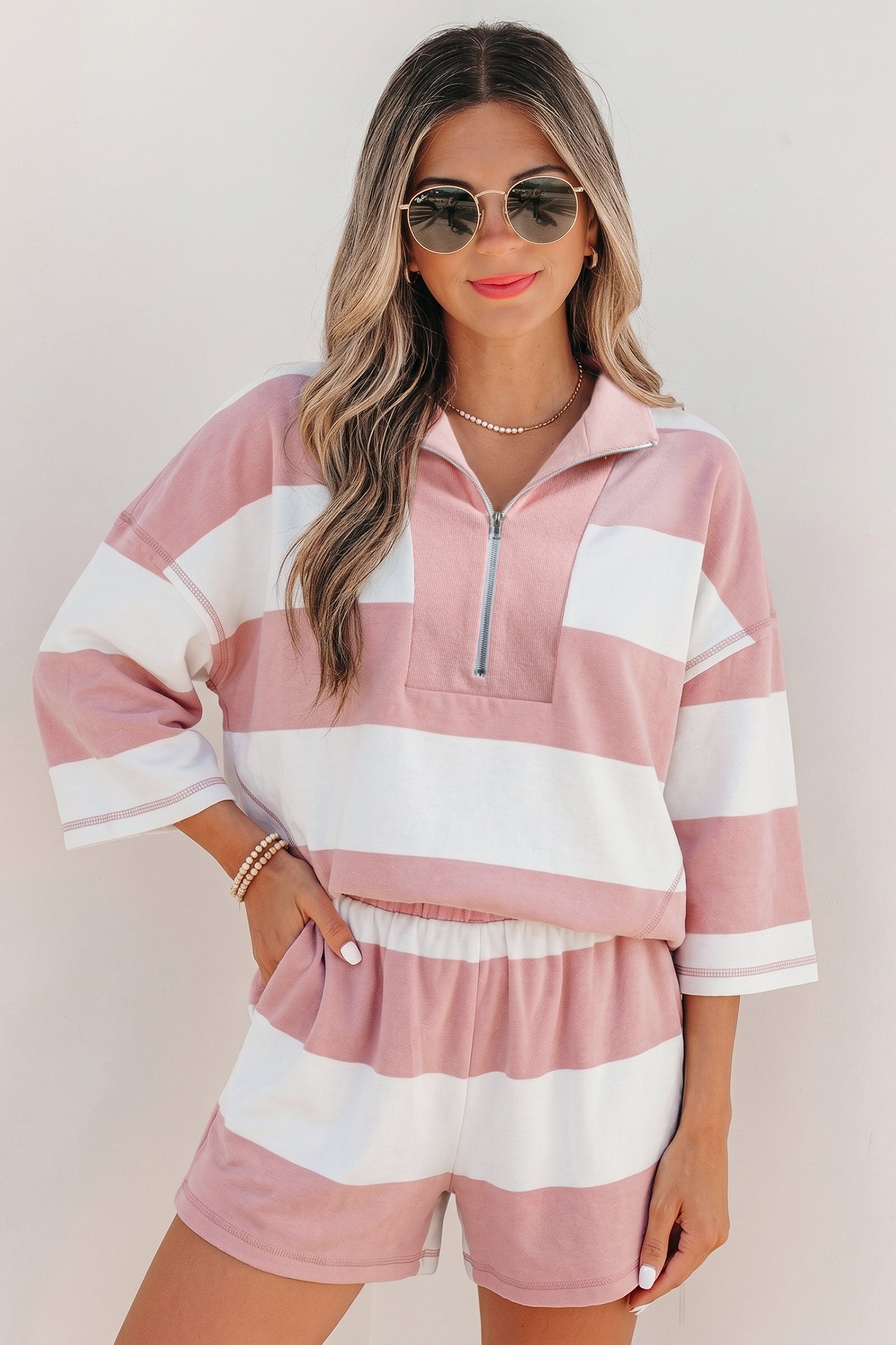 Pink Stripe Half Zip Bracelet Sleeve Top Casual Short Set