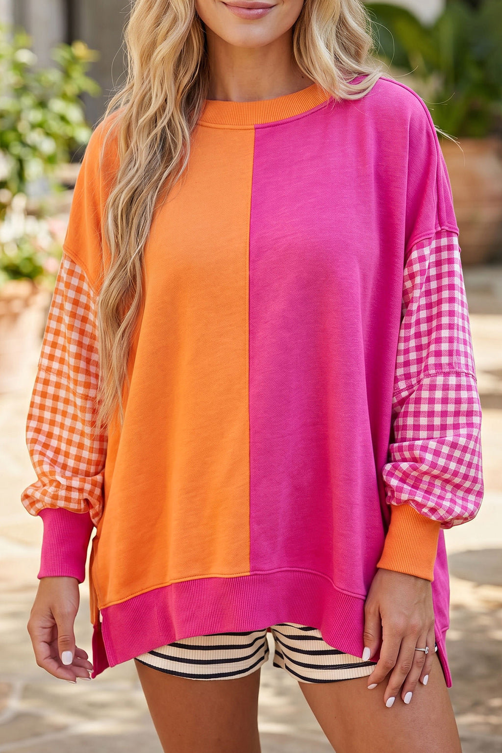 Rose Red Colorblock Gingham Sleeve Crewneck Sweatshirt