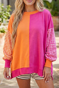Rose Red Colorblock Gingham Sleeve Crewneck Sweatshirt