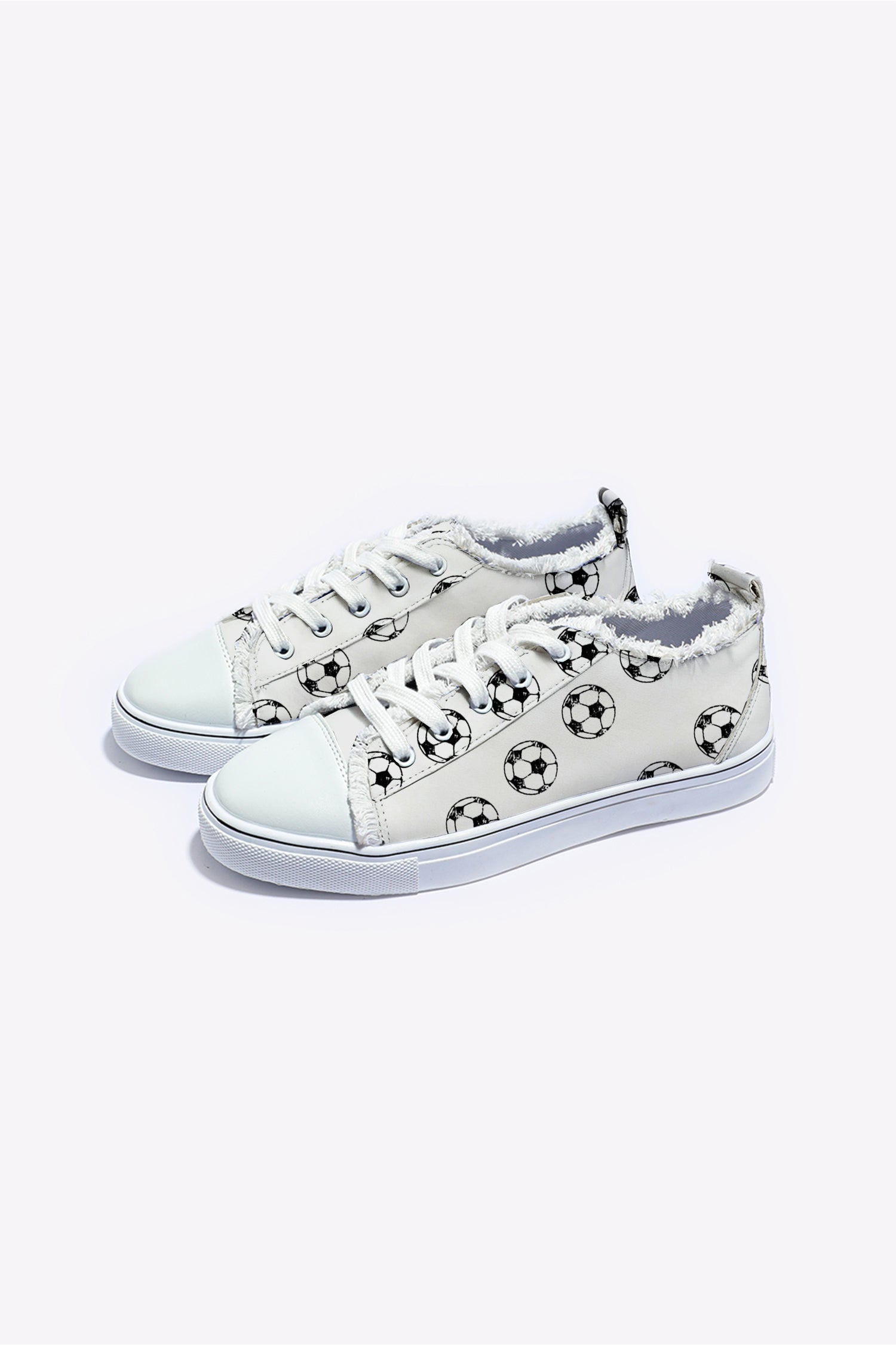 White Soccer Football Print Frayed Canvas Lace-up Shoes