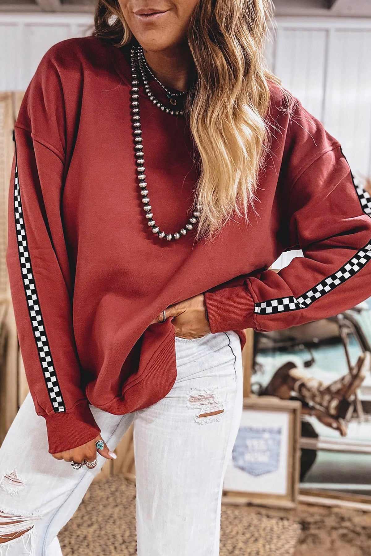 Mineral Red Checkered Trim Long Sleeve Round Neck Shift Sweatshirt