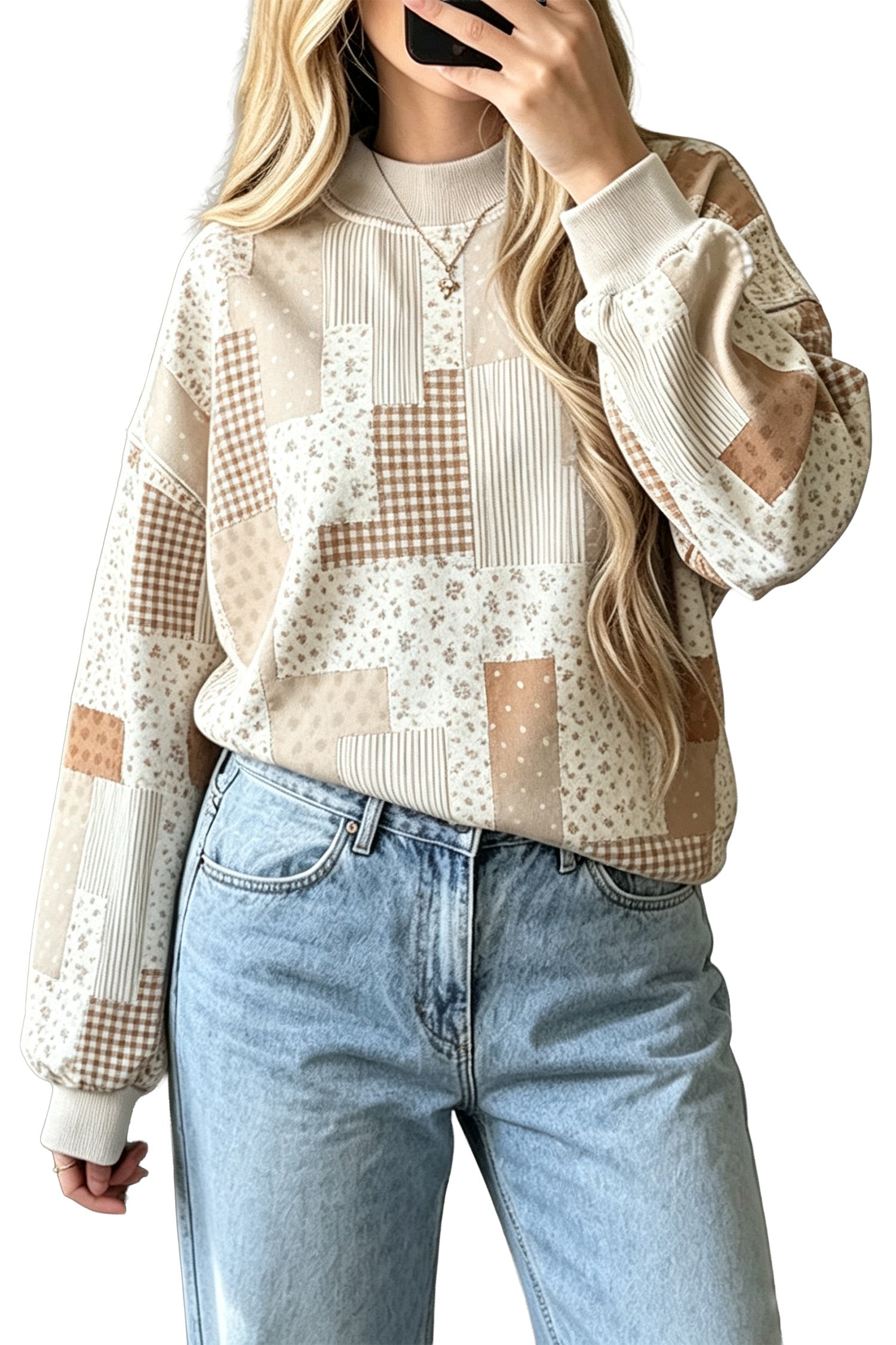 Sky Blue Patchwork Floral Print Mock Neck Long Sleeve Sweatshirt