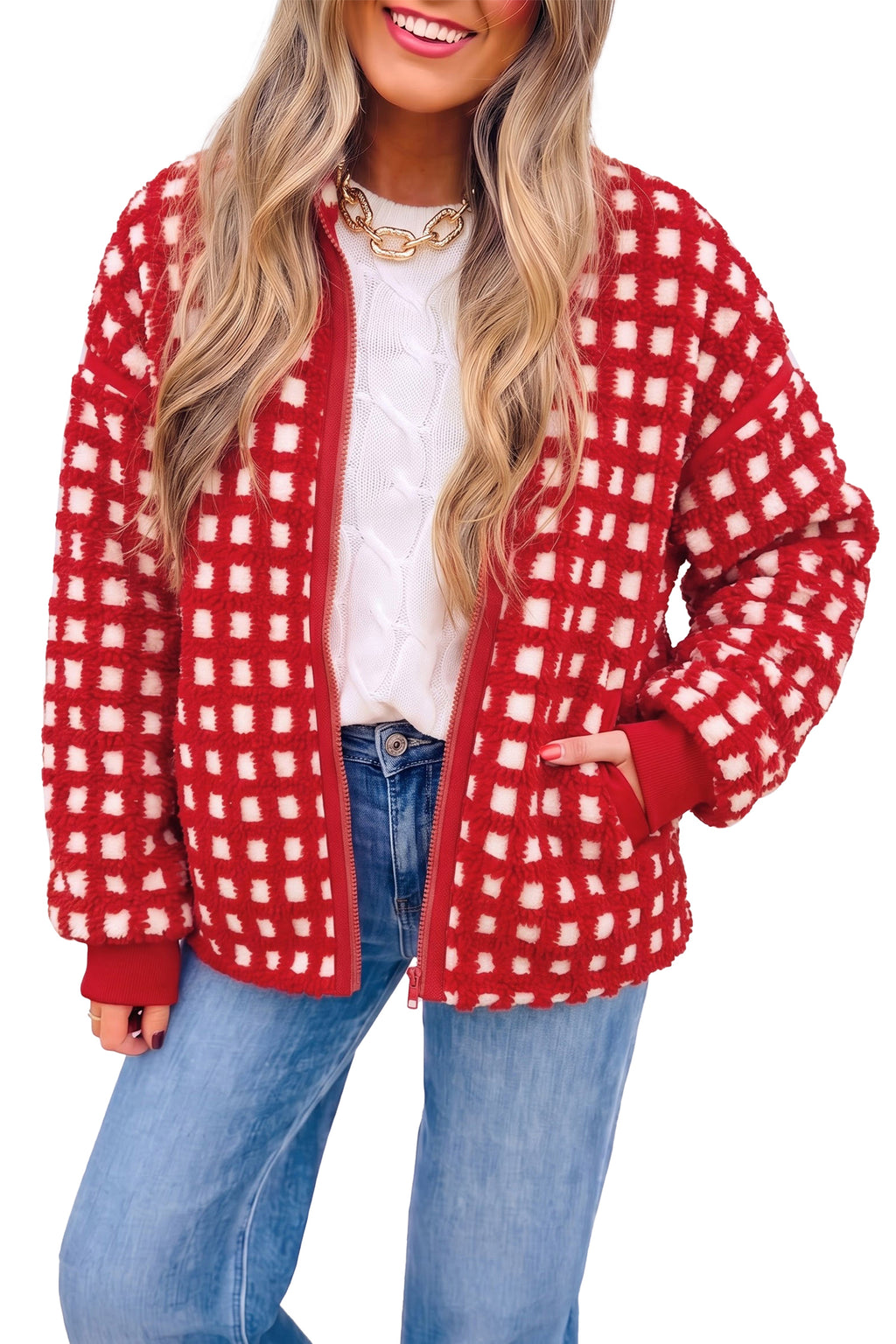 Fiery Red Plaid Zip-up Long Sleeve Jacket