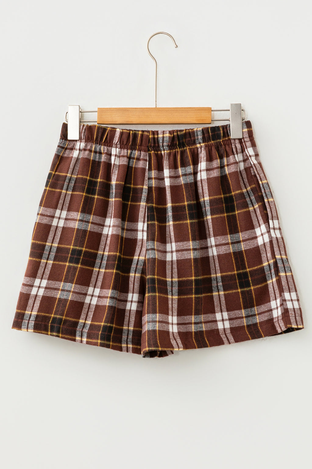 Brown Plaid Button Front Elastic Waist Shorts