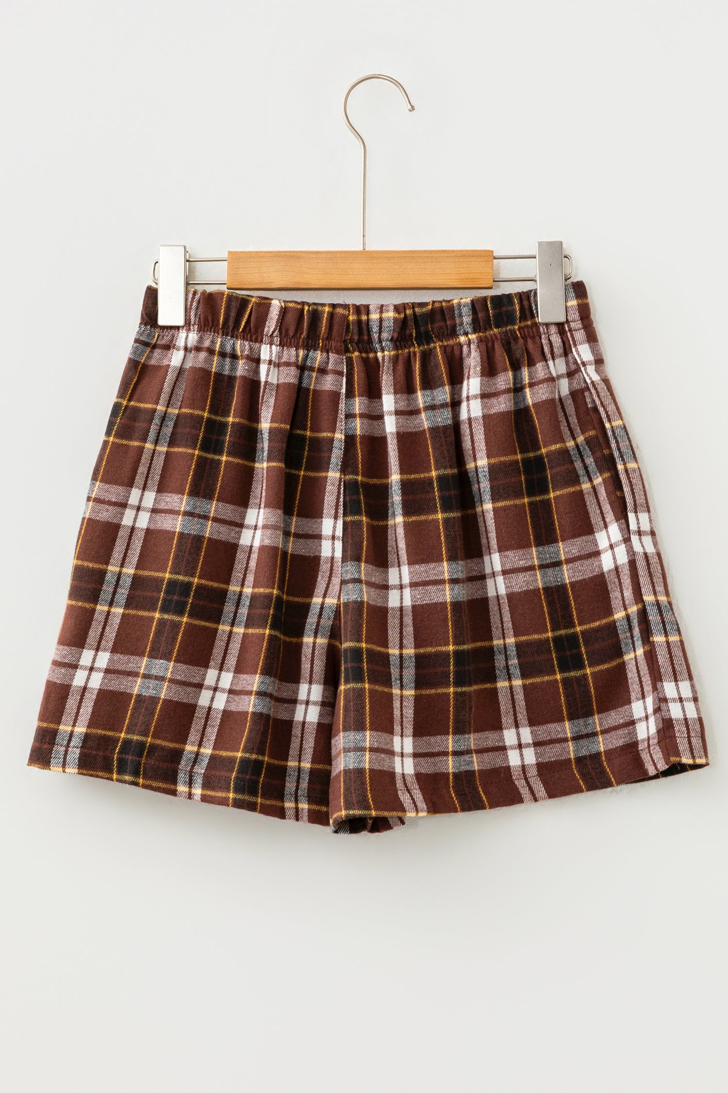 Brown Plaid Button Front Elastic Waist Shorts