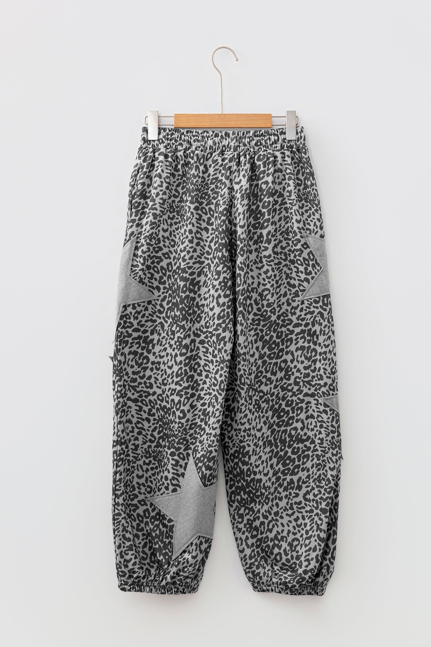 Gray Leopard Print Star Patched Drawstring Elastic Waist Jogger Pants