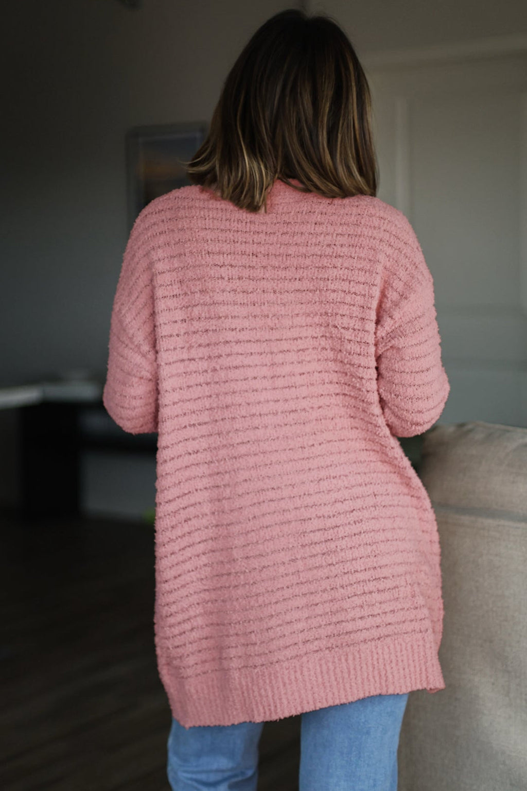 Light Pink Open Front Soft Fuzzy Ribbed Sweater Cardigan