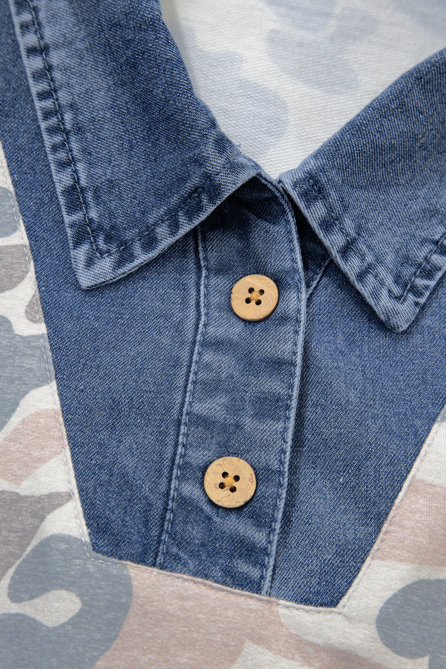 Multicolour Camouflage Print Denim Patchwork Polo Collar Tee