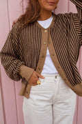 Brown Stripe Striped V Neck Patchwork Long Sleeve Regular Fit Cardigan