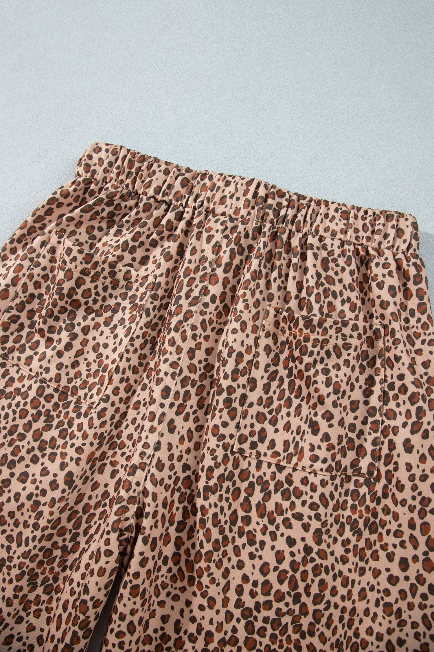 Khaki Leopard Print Drawstring Waist Patch Pockets Pants