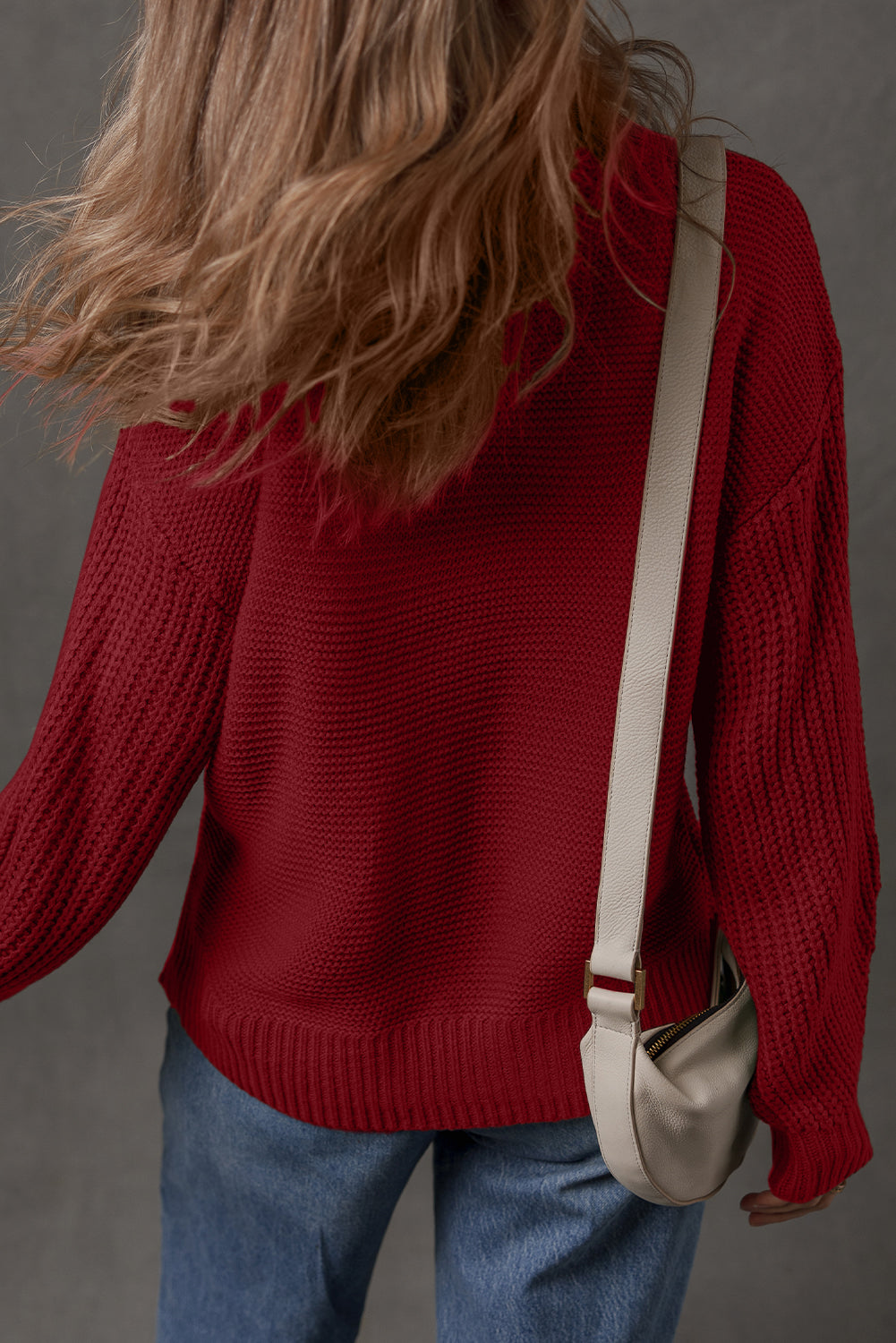 Dirty blue Solid Color Front Seam Drop Shoulder Loose Sweater