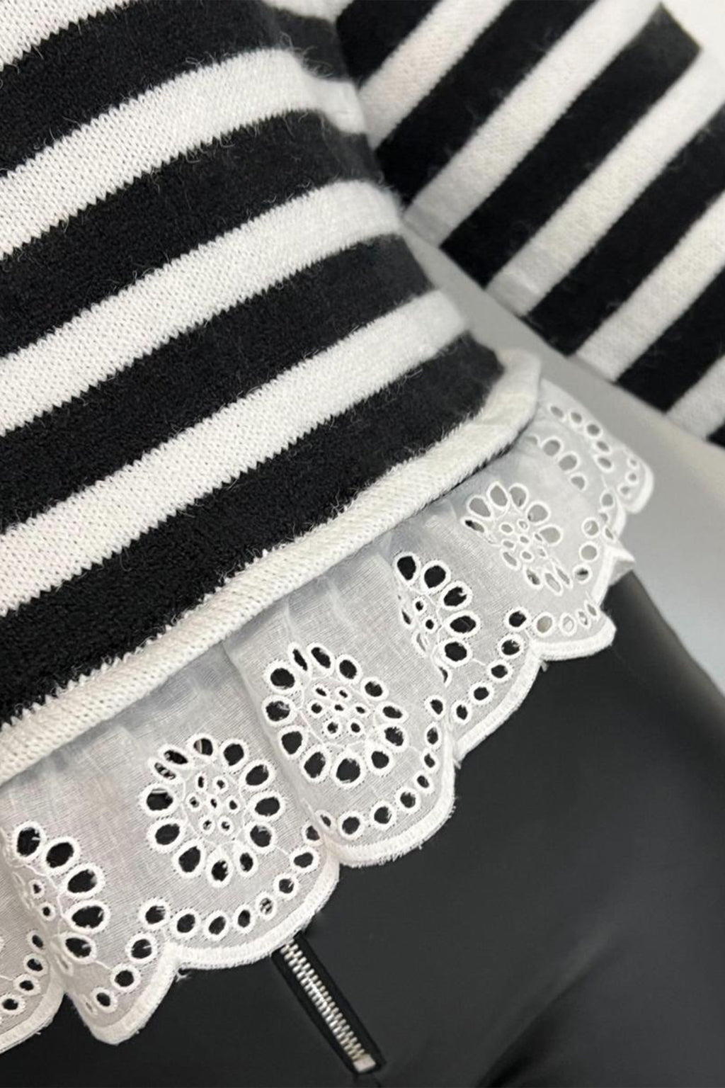 Black Striped High Neck Contrast Ruffle Detail Casual Sweater