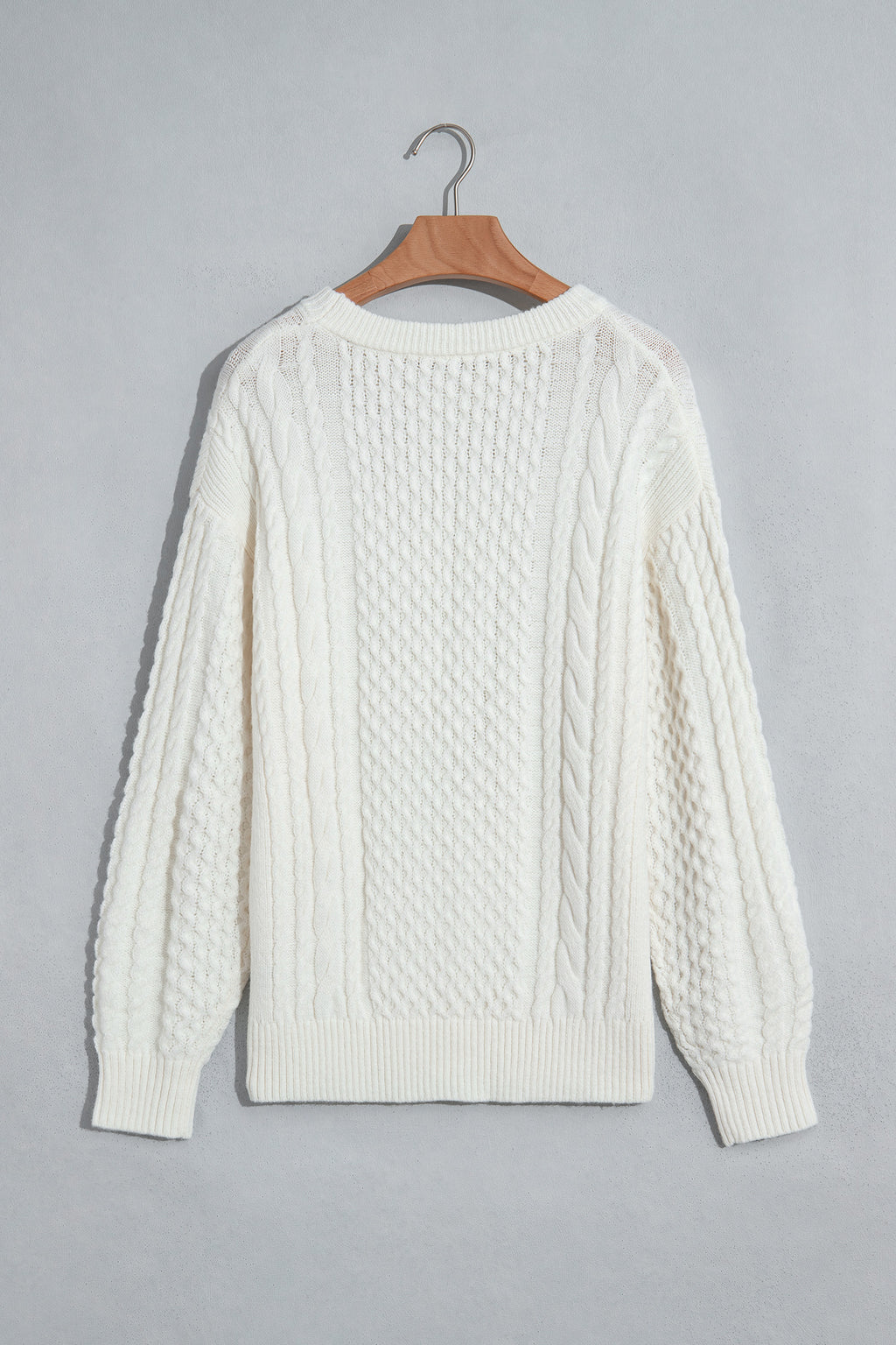 Beige Solid Color Cable Detail Knit Loose Round Neck Sweater