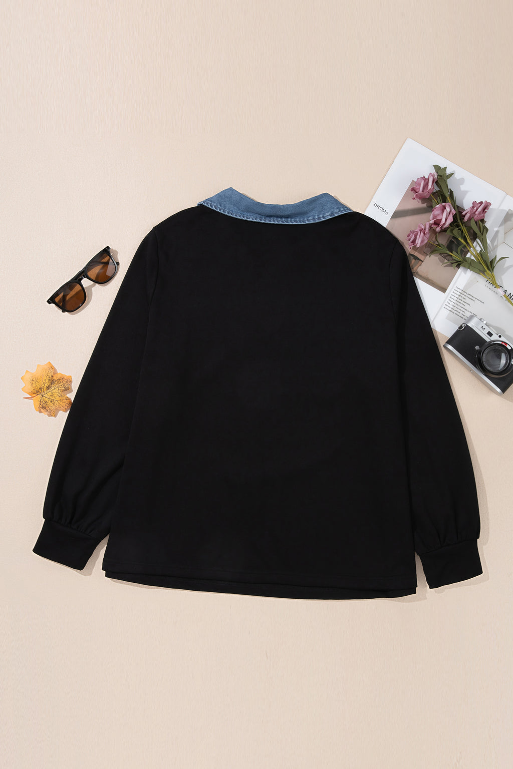 Black Solid V Neck Tunic Shift Long Sleeve Plus Size Blouse