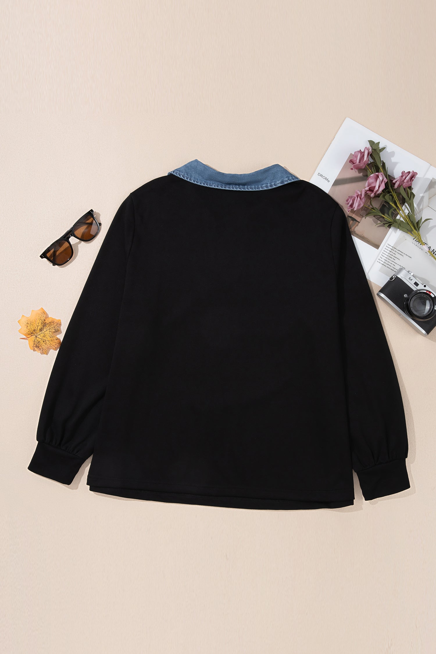 Black Solid V Neck Tunic Shift Long Sleeve Plus Size Blouse