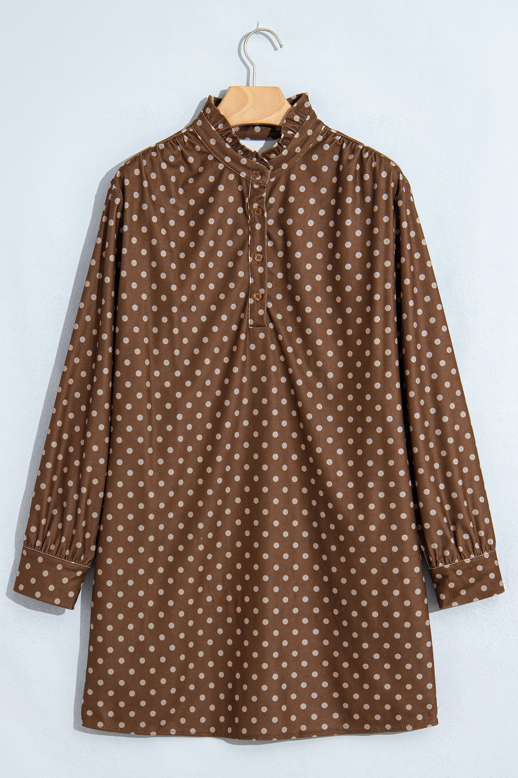 Brown Polka Dot V Neck Long Sleeve Button Shift Dress