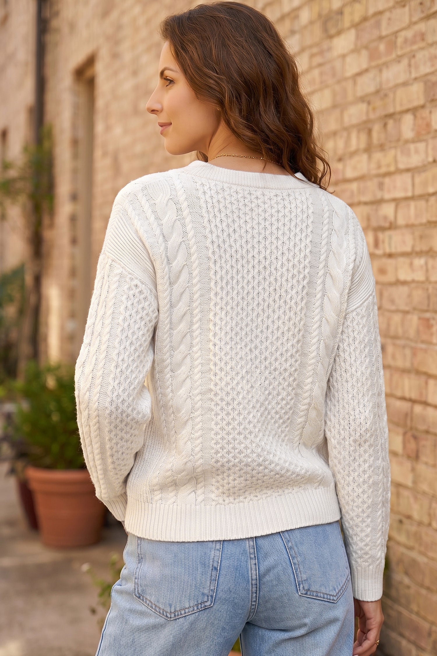 Beige Solid Color Cable Detail Knit Loose Round Neck Sweater