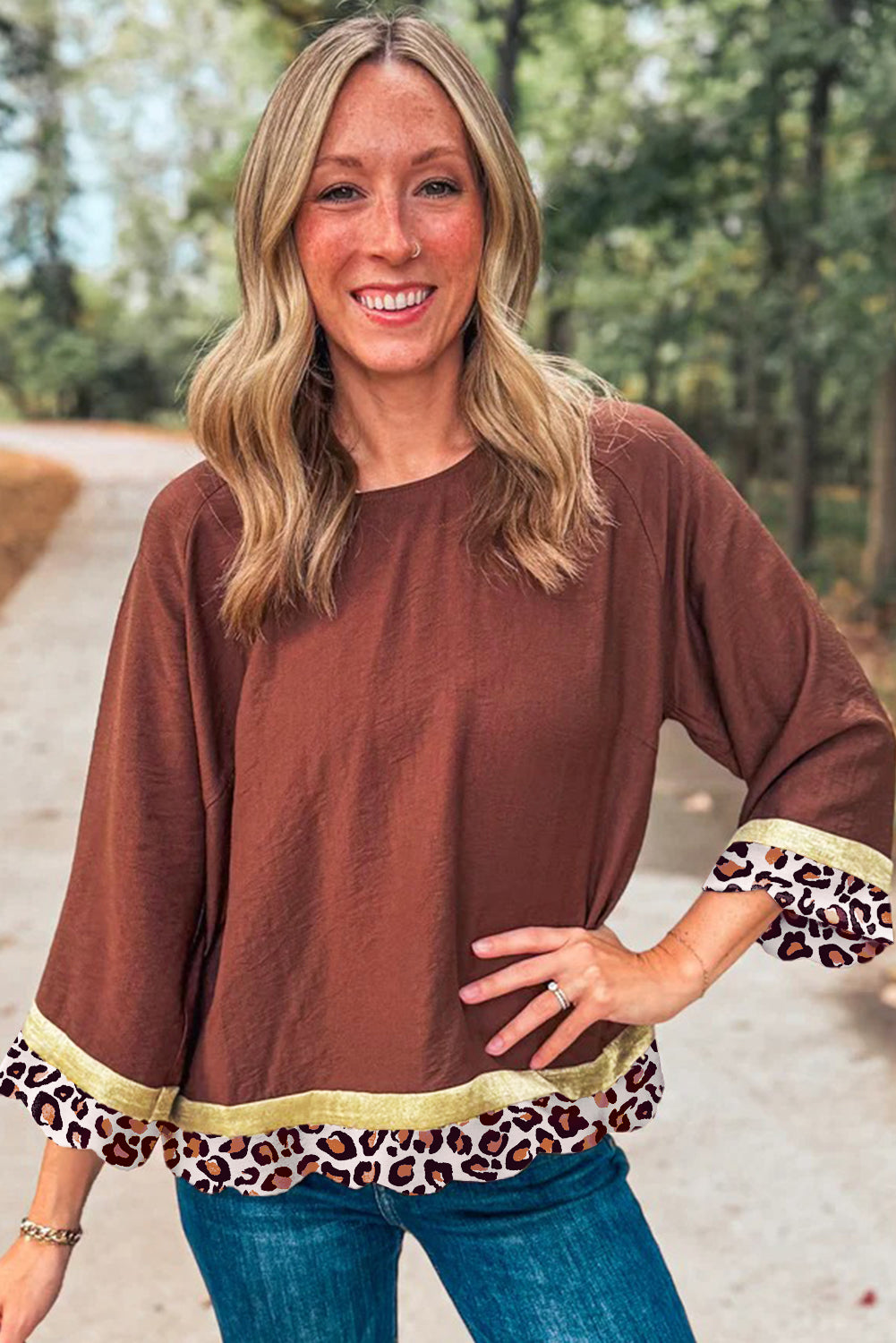 Clay Leopard Detail Loose Bracelet Sleeve Top