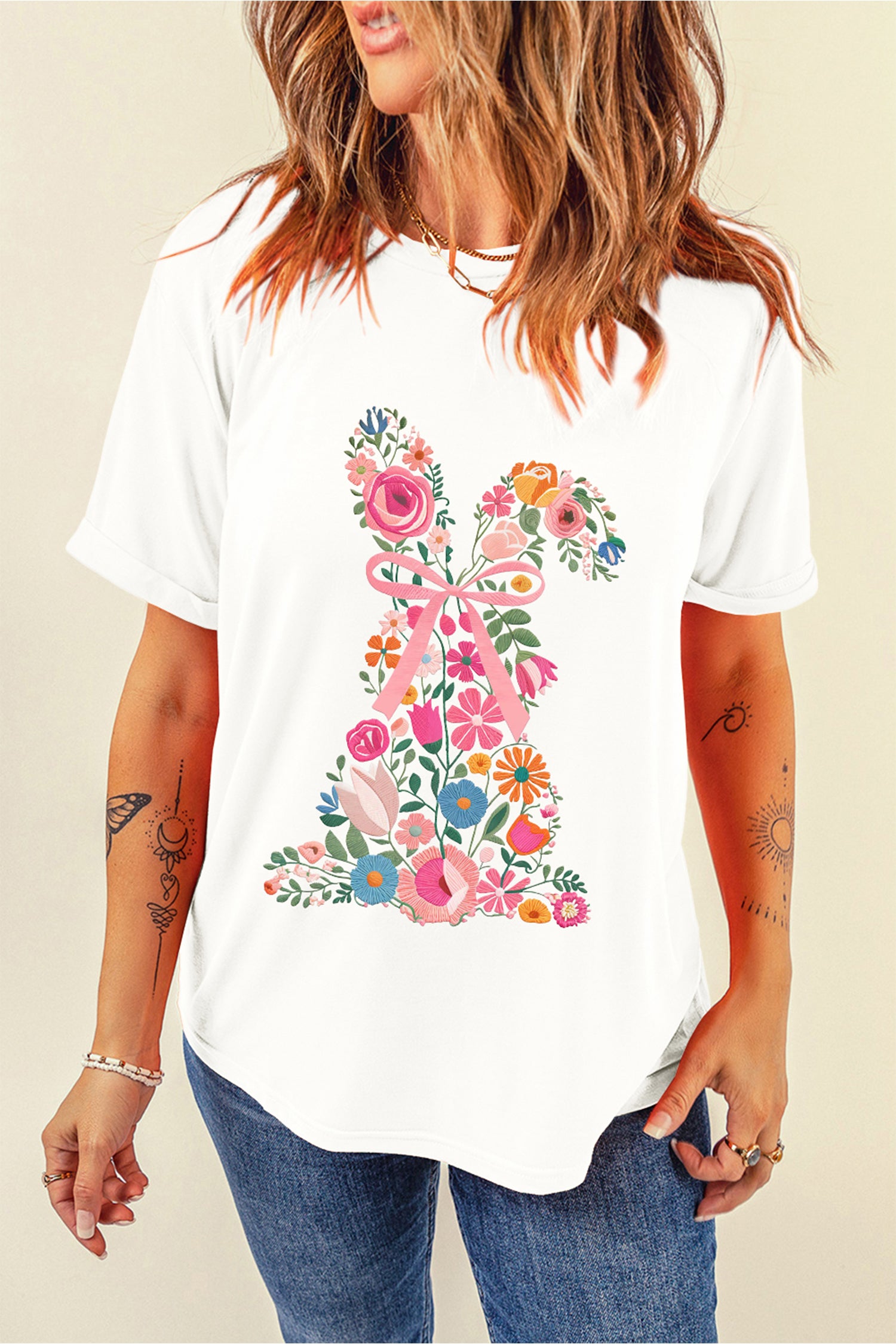 White Floral Easter Bunny Casual Graphic Tee